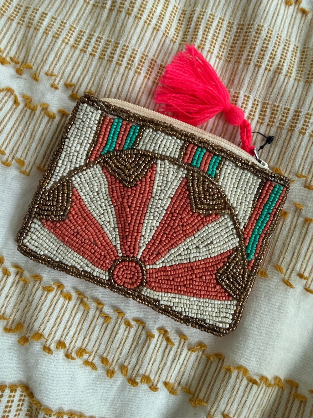 Francesca's Collections Beaded Fan Coin Pouch - Coral, White, Gold, Teal